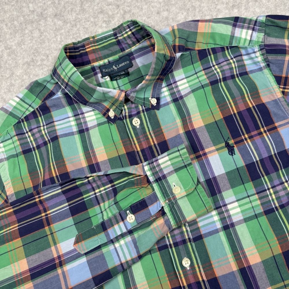 Polo Ralph Lauren Boys XL 18-20 Green Blue Plaid Long Sleeve Button Shirt